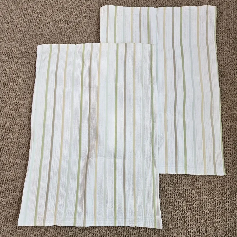 2 CRATE & BARREL Standard Sham Pillowcase Lima Stripe Green Texture Cotton 20x26